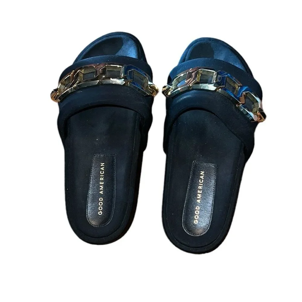Good American Gold Chain Slides Fabric Platform Shoes Size 7 1/2